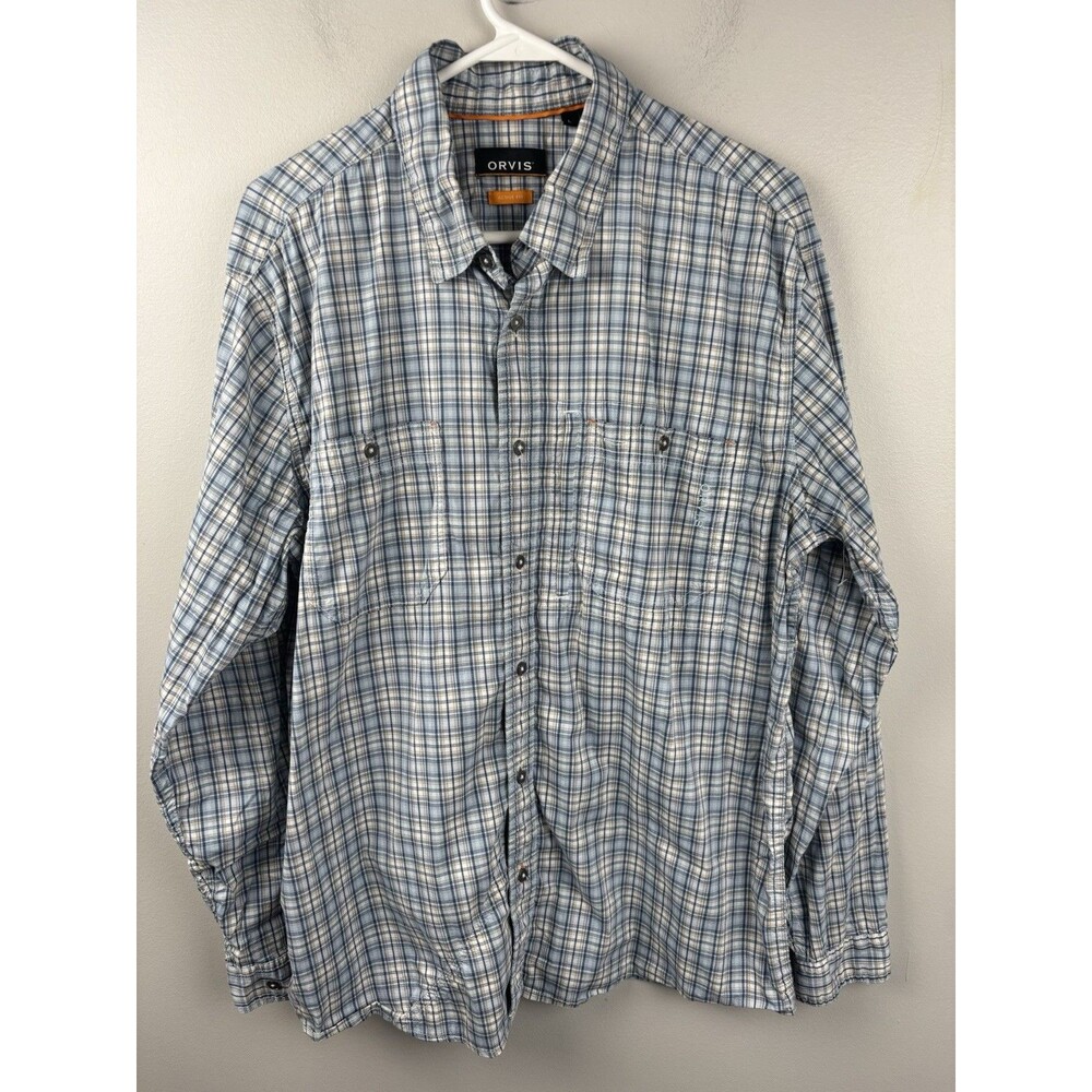 Orvis Active Fit Mens Blue White Plaid Button Down Shirt Large Double Pockets